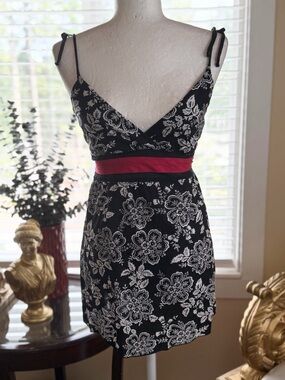Black Floral Tie-Shoulder Mini with Red Waistband